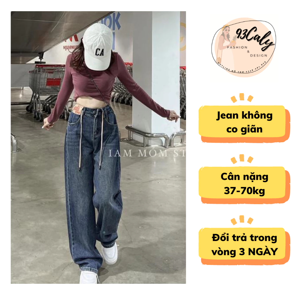 [BIGSIZE 70kg] Quần Jean Nữ suông lưng cao ống rộng, Quần Jean trơn suông trơn cạp đính da nâu kèm dây 2 màu MẪUMỚI 2023