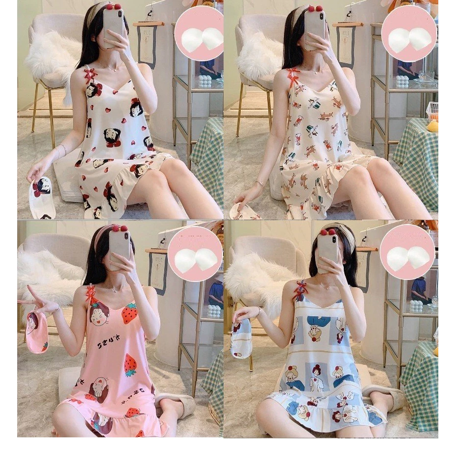 (Nhiều Mẫu ) Váy ngủ Hai Dây Cute Có Đệm Ngực Hoa Quả Siêu Yêu D001 (Tặng kèm bịt mắt )