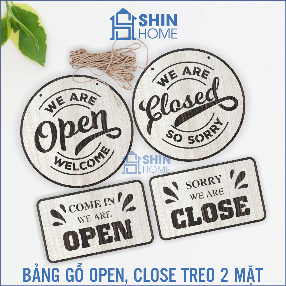 2 mẫu bảng gỗ treo cửa hàng 2 mặt Open Close trang trí decor quán có sẵn dây treo