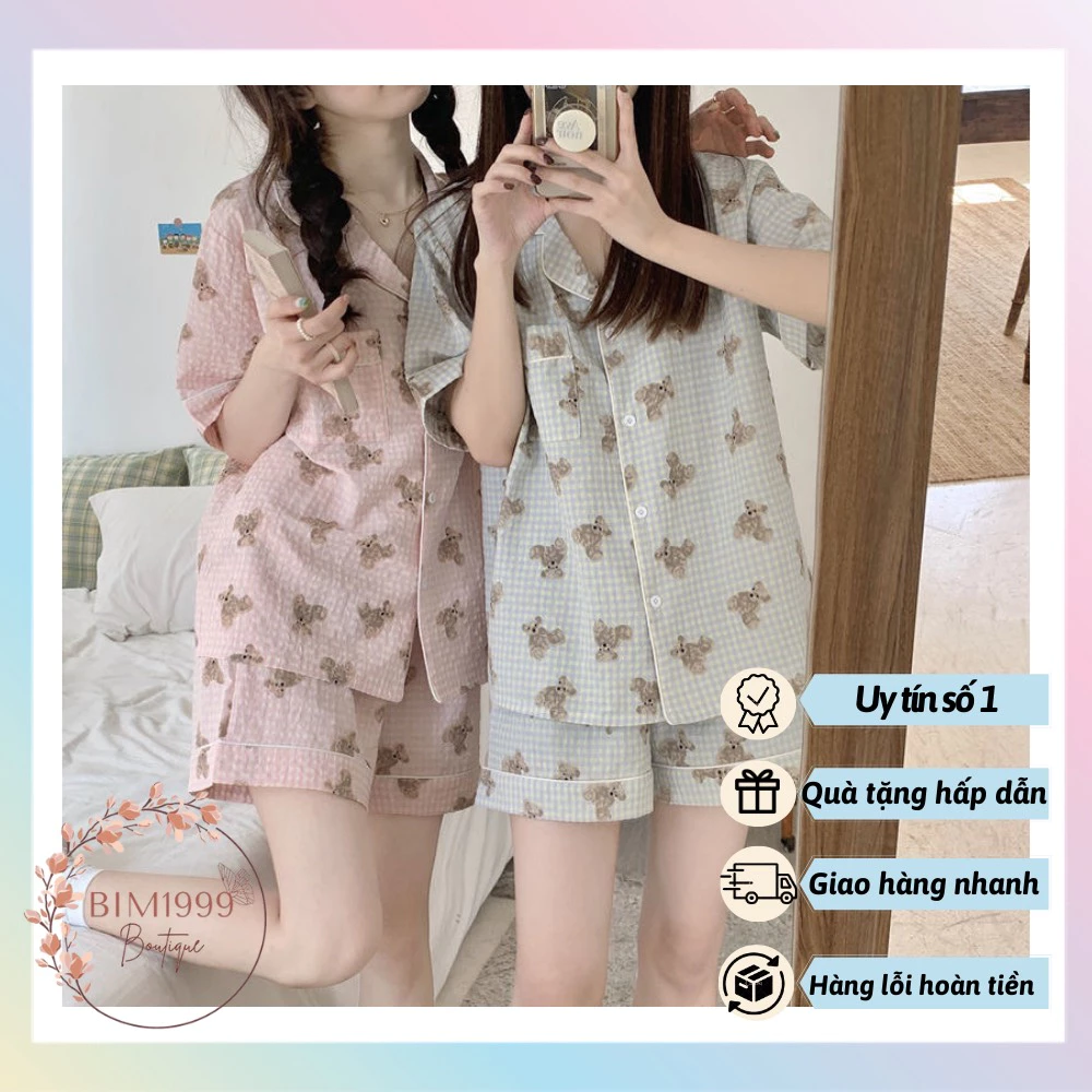 Bộ Cotton Mặc Nhà Pijama Gấu Hai Màu Xanh Hồng Siêu Xinh From Rộng Thoải Mái