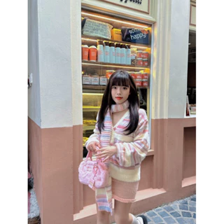 { 𝐎𝐑𝐃𝐄𝐑 𝐓𝐀𝐎𝐁𝐀𝐎 } set cardigan lông mịn khuy trái tim xinh xắn