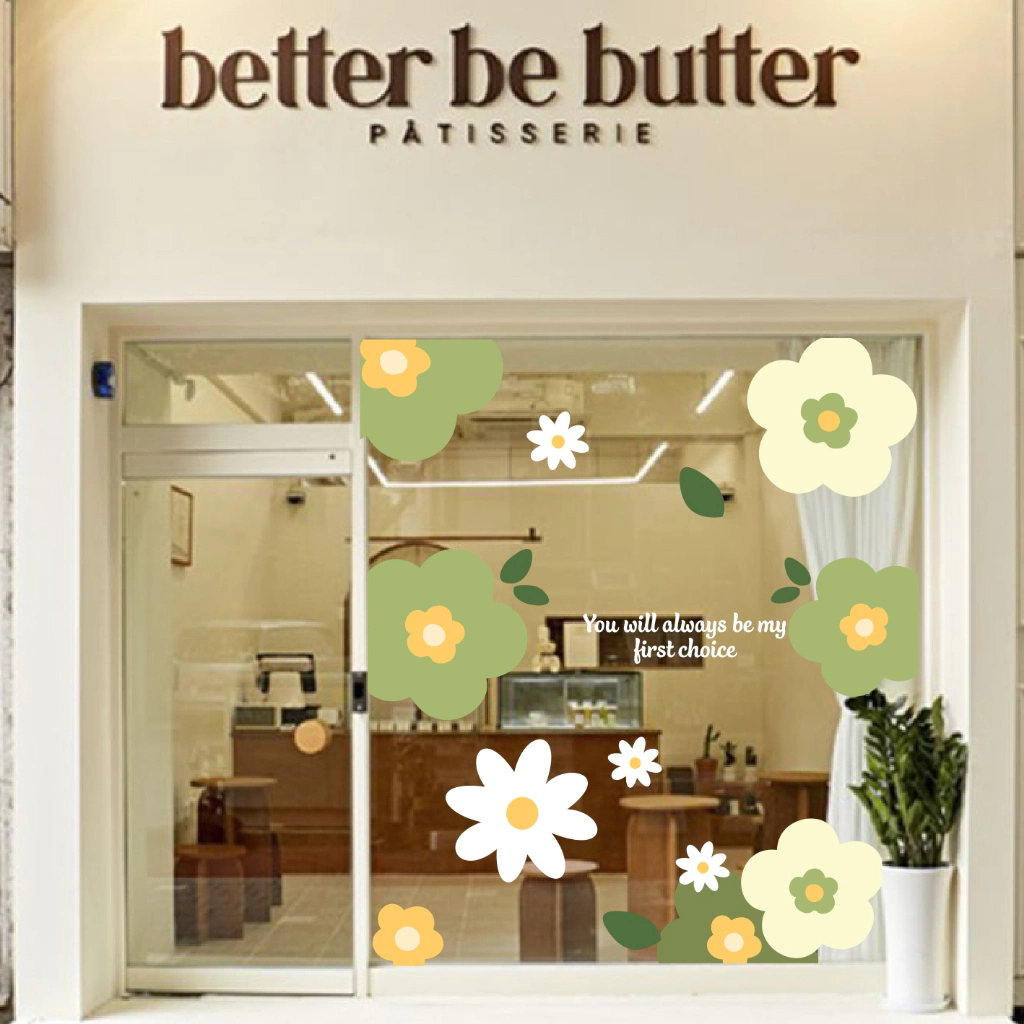 Hình dán flower green aesthetic trang trí gương cửa hàng cute 5