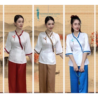 Đồ lam đi chùa nữ đồ lam nữ viền thêu hạc set đồ lam nữ đi chùa xinh xắn set pháp phục 4 màu