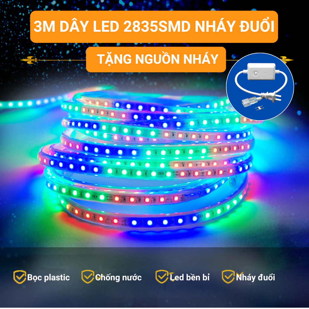Dây đèn led 2835 nháy đuổi bọc plastic 3M,4M chống nước,Tặng Kèm Nguồn,đèn led hắt trần,trang trí phòng,cây