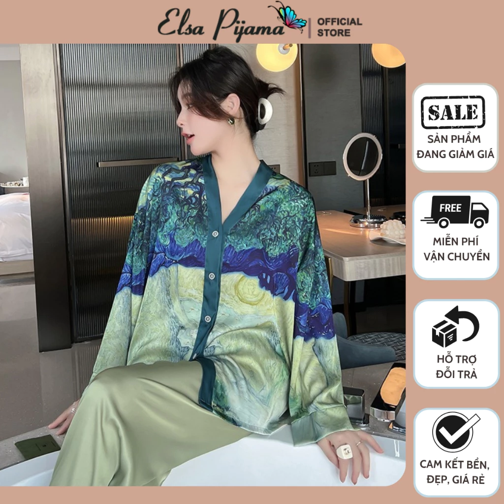 Bộ Lụa Mặc Nhà Pijama Nữ Lụa Cao Cấp Mát Mềm Mịn ELSA PIJAMA