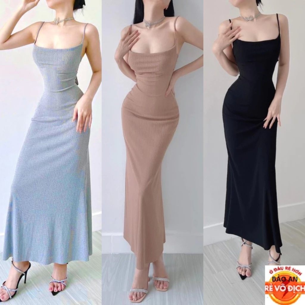 Đầm 2 dây body nữ Cột Lưng phối nơ form dài (Có mút) chất Thun gân len QC loại 1 FreeSize feedback - Bảo An Shop 2023