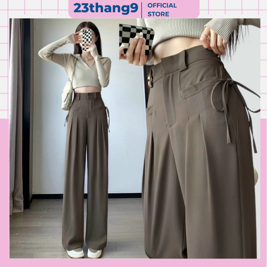 Quần ống rộng nữ , quần ống suông nữ lưng cao túi trước dây thắt nơ 2 bên vải Ruby dày dặn dáng culottes 100cm 22
