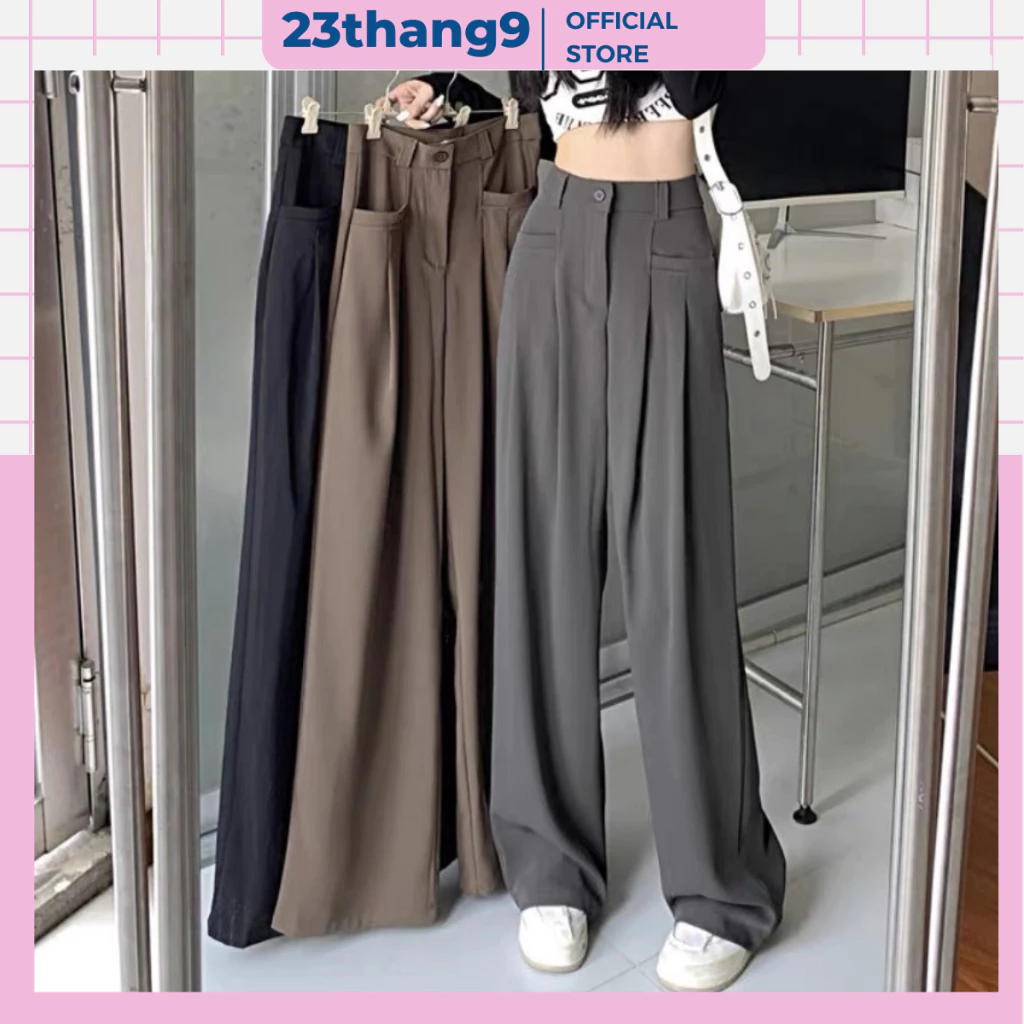 Quần ống rộng nữ , quần ống suông nữ lưng cao túi trước màu đen màu nâu vải Ruby dày dặn dáng culottes 100cm 20