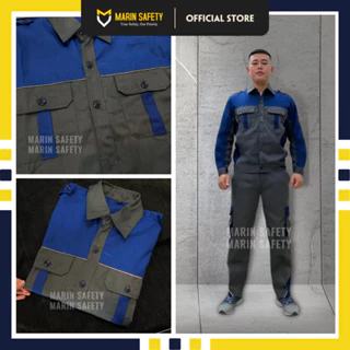 Quần áo bảo hộ lao động AGOTA QA07 vải kaki 3/1 dày dặn, phối màu độc lạ, màu chì phối xanh dương - Marin Safety