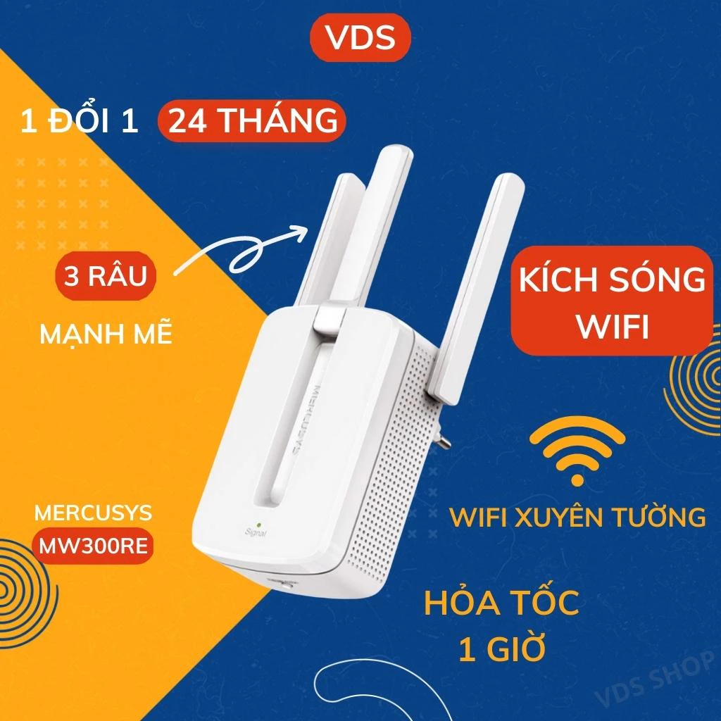 Bộ kích sóng wifi 3 râu Mercusys MW300RE chuẩn N 300Mbps, Cục hút wifi không dây cực mạnh VDS shop
