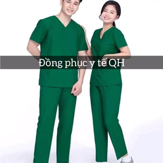 Bộ Scrubs - màu xanh Lá vải Cotton Hàn - bác sĩ, blouse cổ tim, đồng phục điều dưỡng, spa, thẩm mỹ viện, dược sĩ.