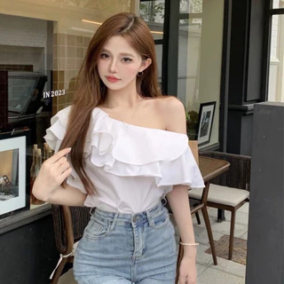 Áo lệch vai nữ sexy, Áo kiểu trễ một bên vai cộc tay dáng rộng cổ phối bèo siêu đẹp sang trọng, quyến rũ kèm ảnh thật