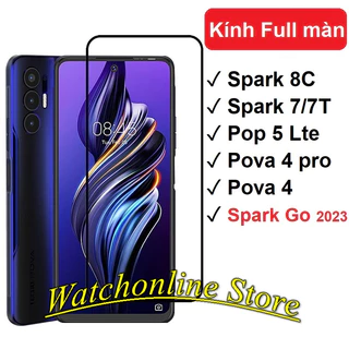 Kính cường lực Full màn Tecno pova 4 pro/ Spark go 2023/ Spark 7/ 7T/ 9T/ 8c/ pop 5 lte cao cấp tặng giấy lau màn hình