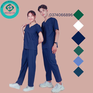 [ Giá Xưởng] Bộ scrubs xanh than vải lon Bác sĩ, quần áo Blouse cổ tim, đồng phục Spa, Thẩm mỹ viện