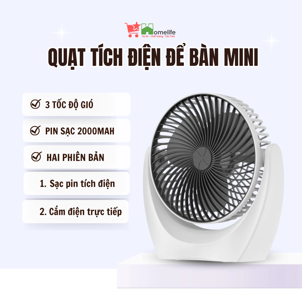 Quạt Để Bàn Super Fan Mini Hai Phiên Bản Tích Điện - Cắm Điện Trực Tiếp, Công Suất Lớn, 3 Cấp Độ Gió Siêu Mát
