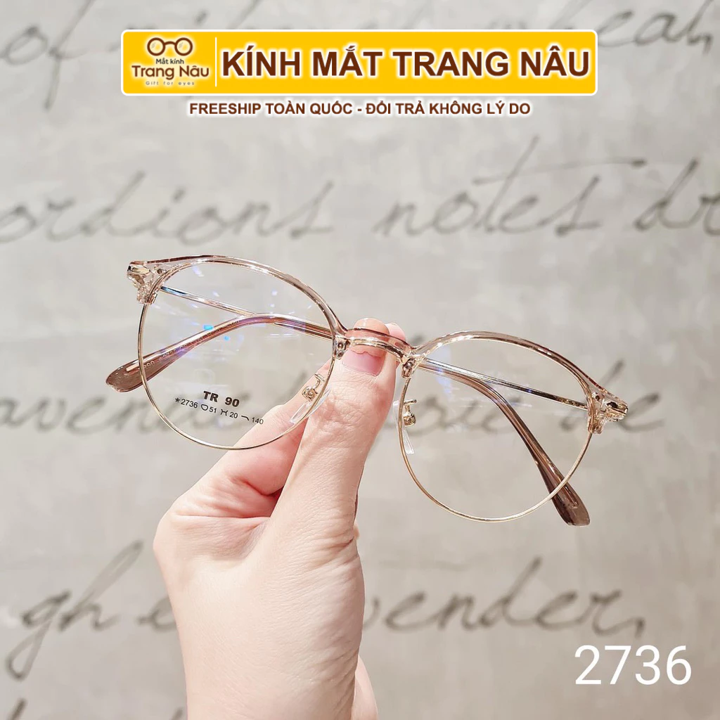 Gọng kính cận nữ mắt kính tròn gọng kính kim loại màu sắc thời trang 2736 - Kính Mắt Trang Nâu
