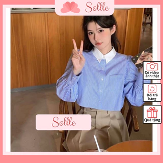 𝗦𝗔𝗟𝗘 Áo sơ mi nữ kẻ tay dài dáng ngắn croptop Hàn Quốc phối cổ trắng hè thu công sở Sollle ASM018