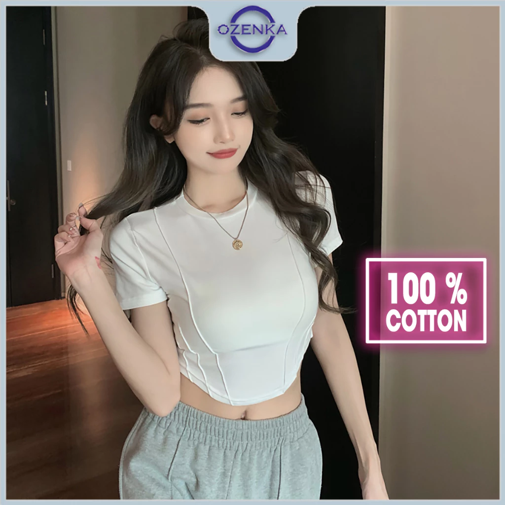 Áo baby tee croptop tay ngắn Ozenka , áo thun nữ vạt bầu gợi cổ tròn gợi cảm cotton màu đen trắng dưới 55 kg