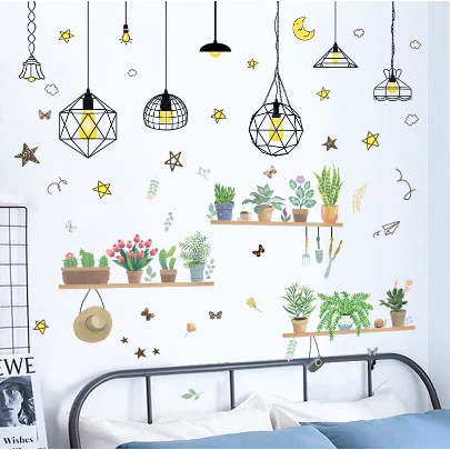 Decal trang trí tường - Combo dây bóng đèn phối nhiều chậy cây ( 2 tấm )