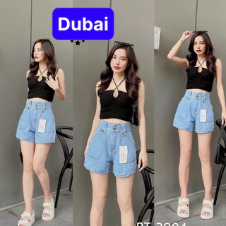 Quần jean nữ sọt short lửng ngố cạp cao nút kiểu đắp vuông sang chảnh mùa hè - Dubai Fashion