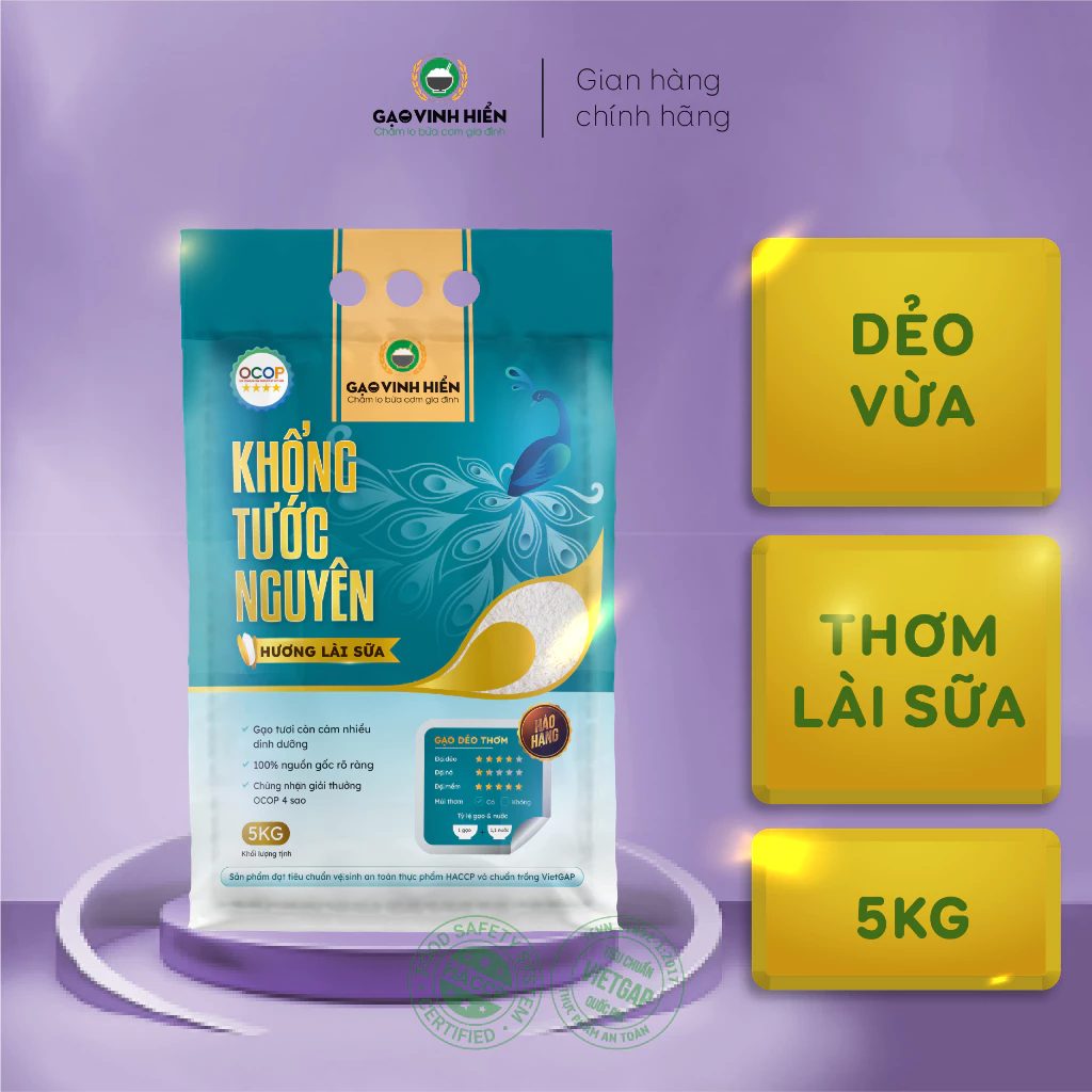 Gạo Hương Lài Sữa Khổng Tước Nguyên 5kg - Dẻo vừa, thơm, mềm cơm