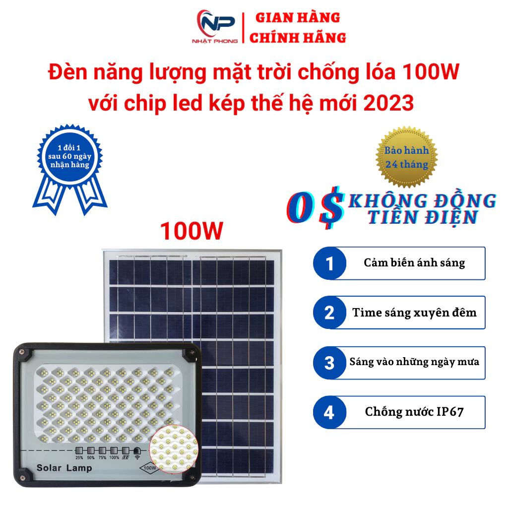 Đèn Năng Lượng Mặt Trời,Đèn Led Trang Trí Chống Lóa Cao Cấp 100W  mẫu mới, Khung Nhôm,Cảm biến,BH 2 năm