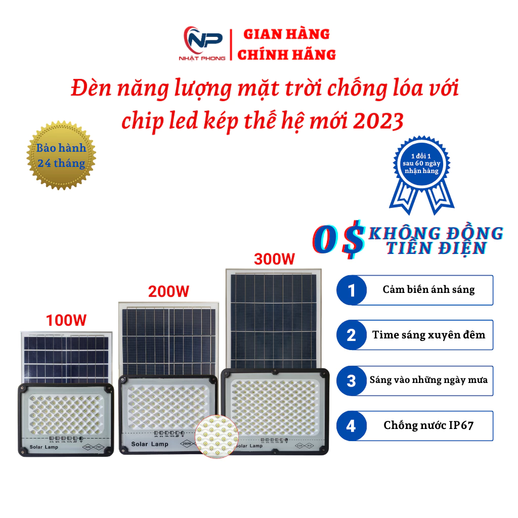 Đèn năng lượng mặt trời, đèn chống lóa 100W,200W,300W chip led đôi thế hệ mới 2022 siêu sáng, có điều khiển,BH 2 năm