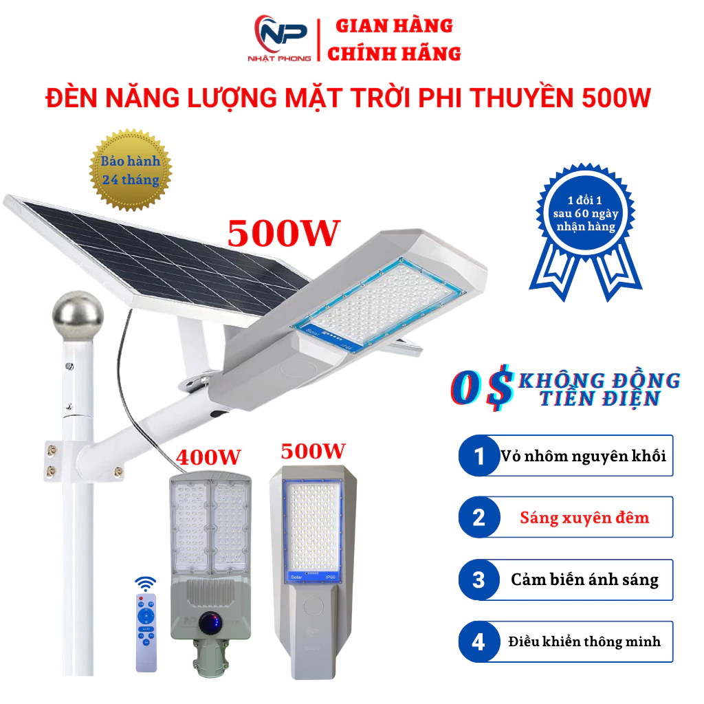 Đèn năng lượng mặt trời Phi Thuyền công suất 400W,500W chính hãng vỏ nhôm tĩnh điện nguyên khối, có điều khiển, BH 2 năm