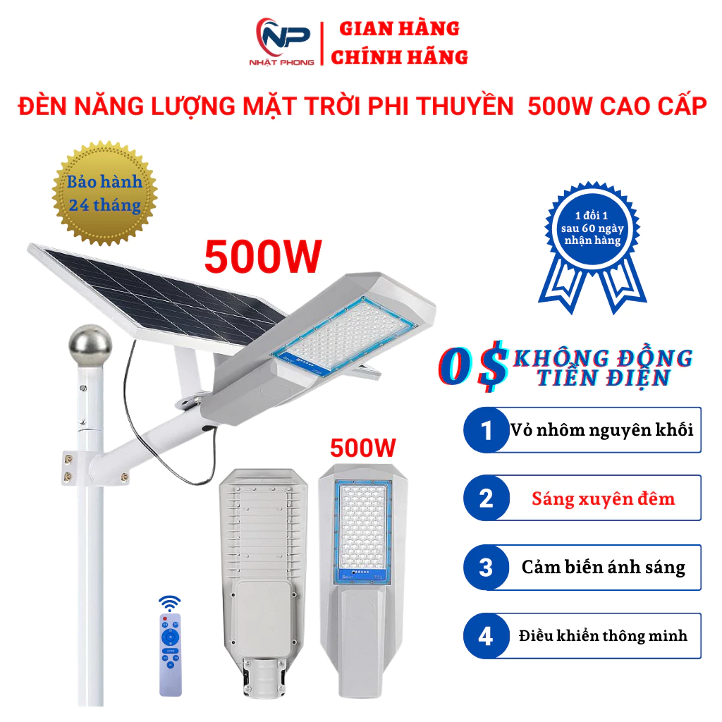 Đèn led năng lượng mặt trời trang trí Phi Thuyền 500W, vỏ nhôm tĩnh điện,cảm biến ánh sáng,điều khiển,BH 2 năm