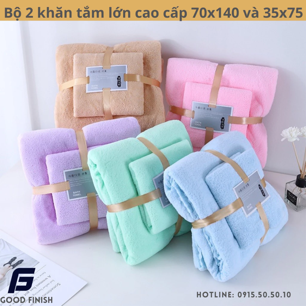 Bộ 2 khăn tắm lớn cao cấp GF, khăn tắm lông cừu 70x140 và 35x75 lông mềm thấm hút tốt không rụng lông