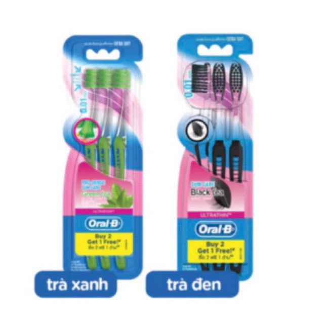 Bàn chải OralB tinh chất Trà Xanh/ Trà Đen vỉ 3 cây (Mua 2 tặng 1)