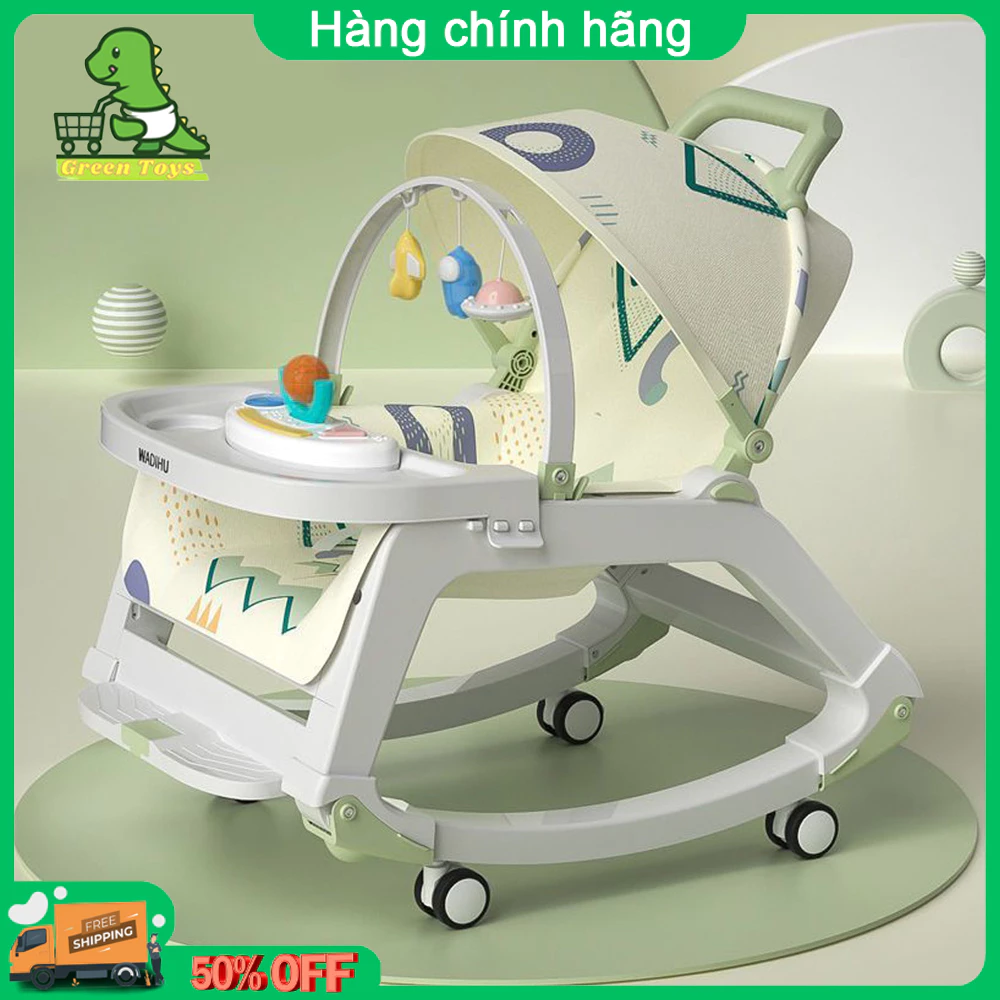 Ghế rung dành cho bé 5 in 1 đa chức năng, có thể làm ghế nằm, bập bênh, ăn dặm, ngồi chơi, đi dạo.