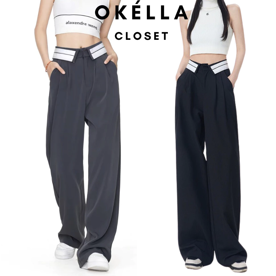 Quần Culottes cạp bẻ phối viền, Quần ống suông rộng nữ cạp cao chất Ruby cao cấp Okella