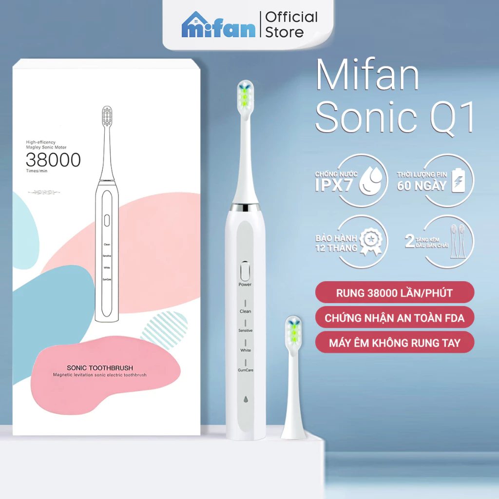 Bàn Chải Điện Cao Cấp Mifan Sonic Q1 - Máy đánh răng sóng âm siêu sạch - Chống nước IPX7 - Tặng kèm 2 đầu bàn chải