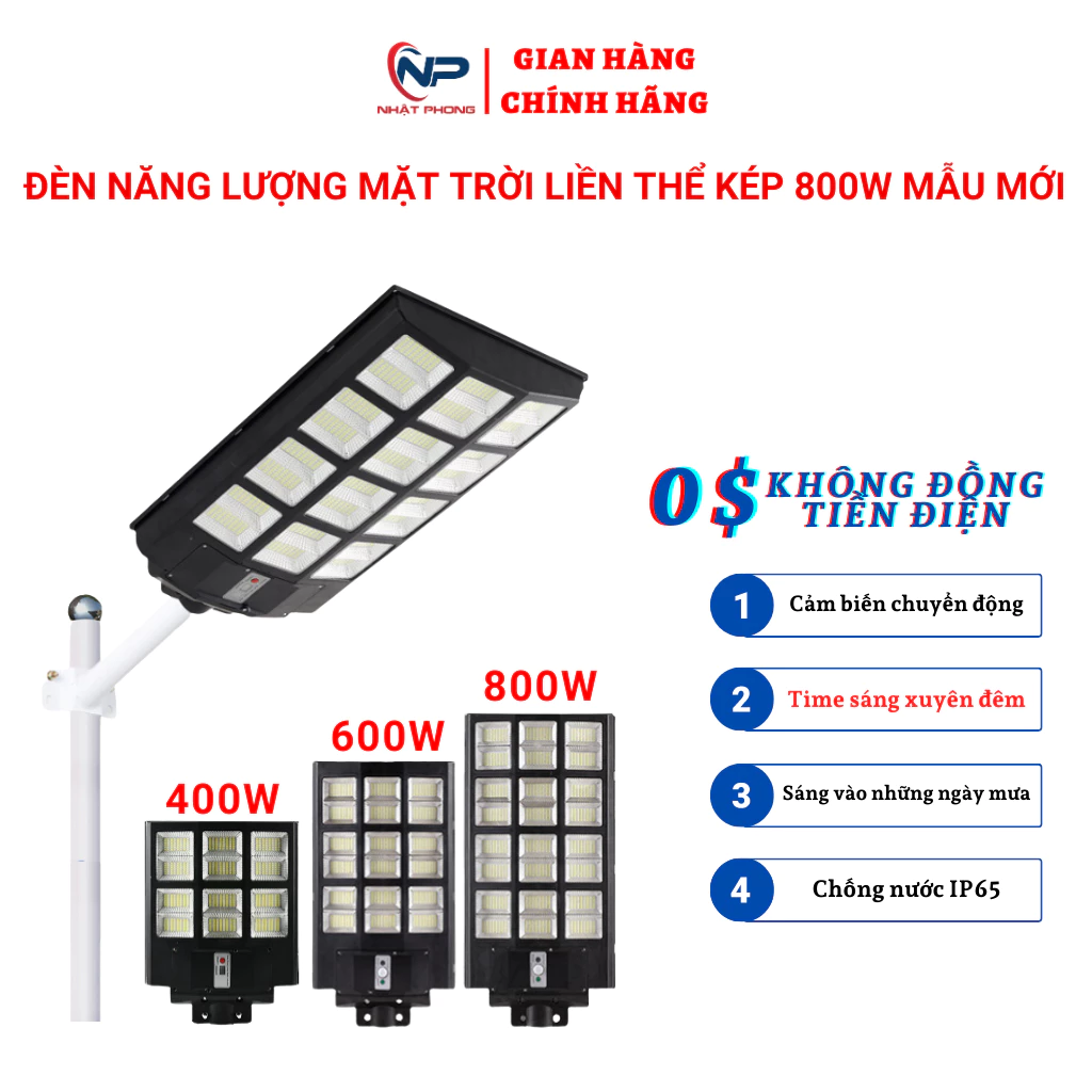 Đèn năng lượng mặt trời SHOPNHAPHONG Đèn năng lượng sân vườn liền thể kép400W,600W,800W cảm biến chuyển động BH 2 năm