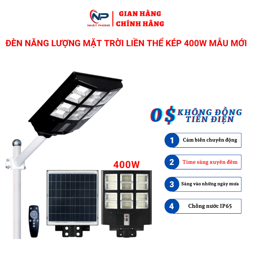 Đèn led năng lượng mặt trời trang trí sân vườn liền thể kép 400W mẫu mới,cảm biến chuyển động,có điều khiển, BH 2 năm