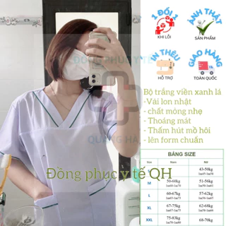 Bộ Scrubs Trắng viền Xanh lá -xanh dương- bác sĩ, blouse cổ tim, đồng phục điều dưỡng, spa, thẩm mỹ viện, dược sĩ .