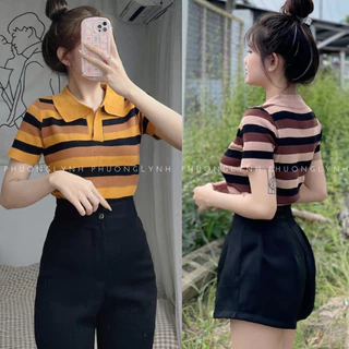 Áo len sọc ngan tay ngắn , áo len dệt kim croptop tay con cổ bẻ , áo kiểu nữ dáng ôm siêu xinh PLA132 - SHOP PHƯƠNG LYNH