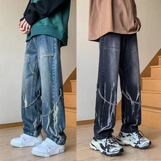 Quần Jeans Baggy Nam Nữ  Màu Loang Phối Phụ Kiện From Rộng Dáng Suông,Chất Bò Thời Trang Unisex Phong Cách Hàn Quốc