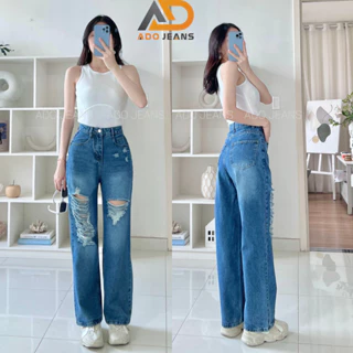 Quần jeans dài ống suông rộng was rách màu xanh cổ điển Retro (Mã 3705)