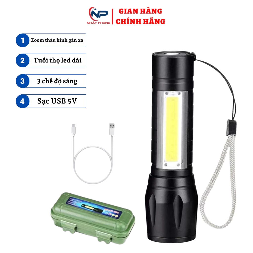 Đèn chiếu sáng LED mini NHẬT PHONG 3 trong 1 sạc USB ánh sáng mạnh có chế độ thu phóng cầm tay tiện lợi