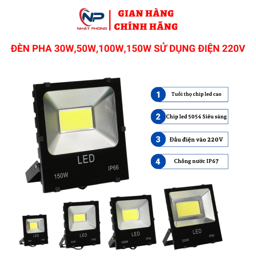 Đèn pha led ngoài trời  5054COB-ÁNH SÁNG VÀNG-TRẮNG điện 220v công suất 50W,100W,200W siêu sáng chống nước IP66