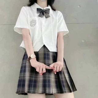(SẴN) Áo sơ mi trắng dáng lửng cổ tròn thêu họa tiết xinh xắn phong cách học sinh JK Nhật Bản