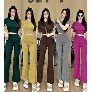 Set đồ bộ nữ áo croptop tay ngắn phối quần dài ống loe trẻ trung, năng động dành cho các nàng đi chơi, đi làm siêu xinh.