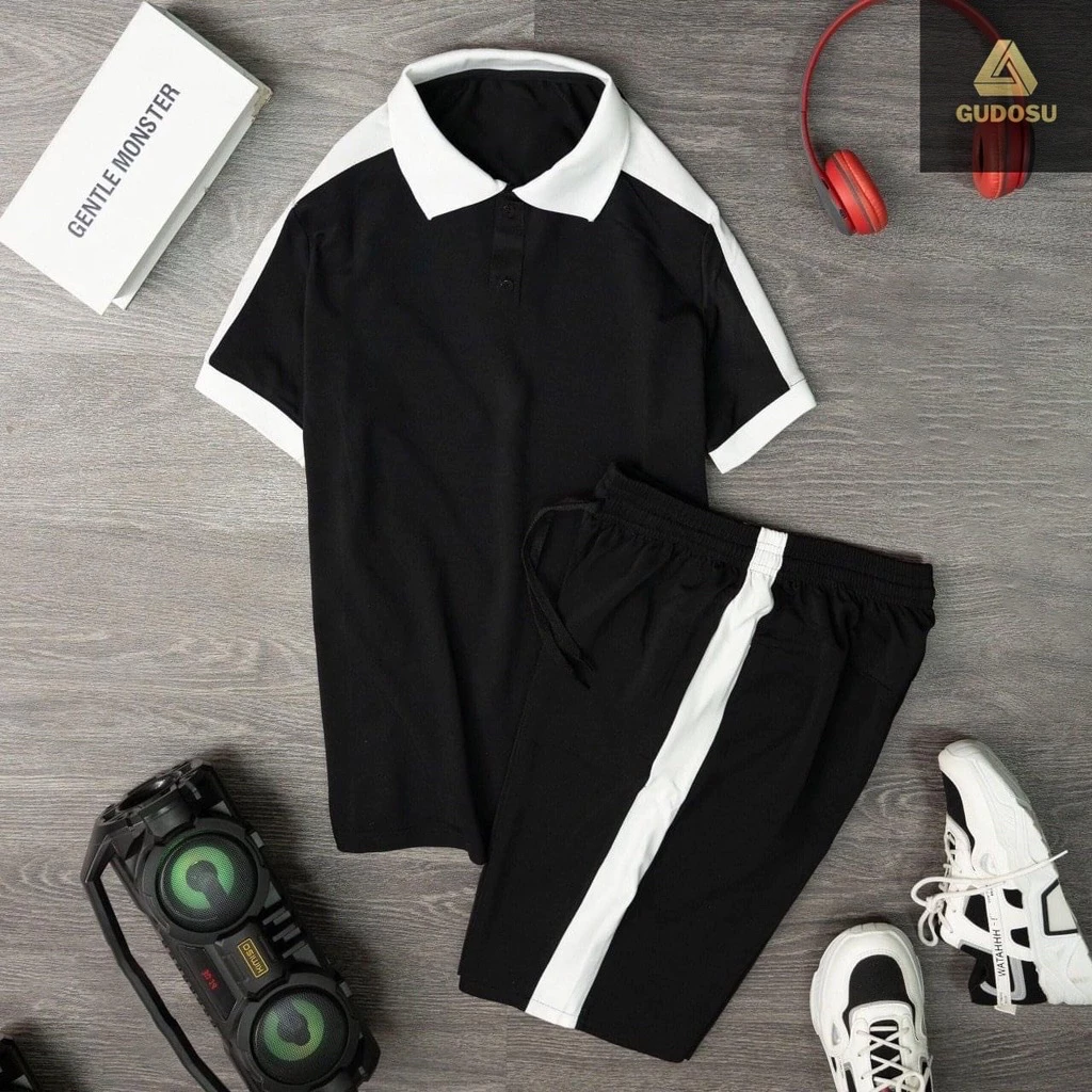 Bộ thể thao nam cộc tay cổ bẻ ANGEL STORE chất CVC cá sấu phối trắng co giãn 4 chiều HBCB01