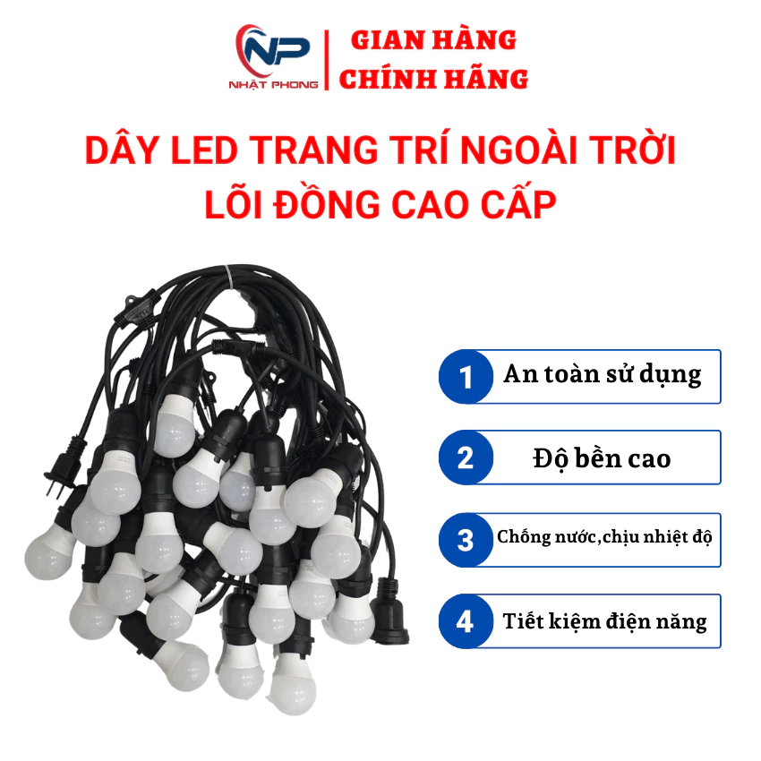 Dây đèn trang trí ngoài trời,đèn led trang trí 5m 10đuôi, 7m 15đuôi,10m 20đuôi, chống nước, lõi đồng cao cấp