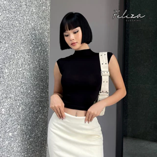 Áo croptop nữ dáng ôm cổ lọ thấp tay con chất thun cotton co giãn – Feliza Clothing