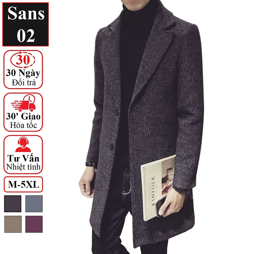 Áo khoác dạ nam hàn quốc dáng dài Sans02 blazer măng tô đen xám mangto trench coat mantle manto big size XXL 3XL 4XL 5XL