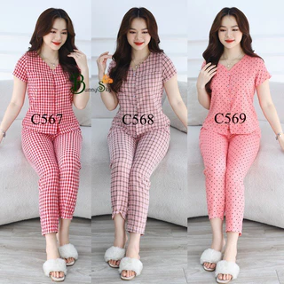 (BunnySky) Đồ bộ mặc nhà, sau sinh, quần áo nữ mặc nhà cổ V điệu đà xinh xắn