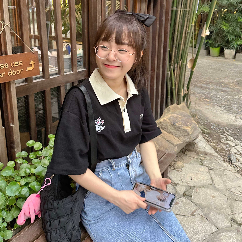 Áo Polo Teelab Kitten unisex from rộng, Áo thun có cổ thêu mèo nam nữ mặc cực chất